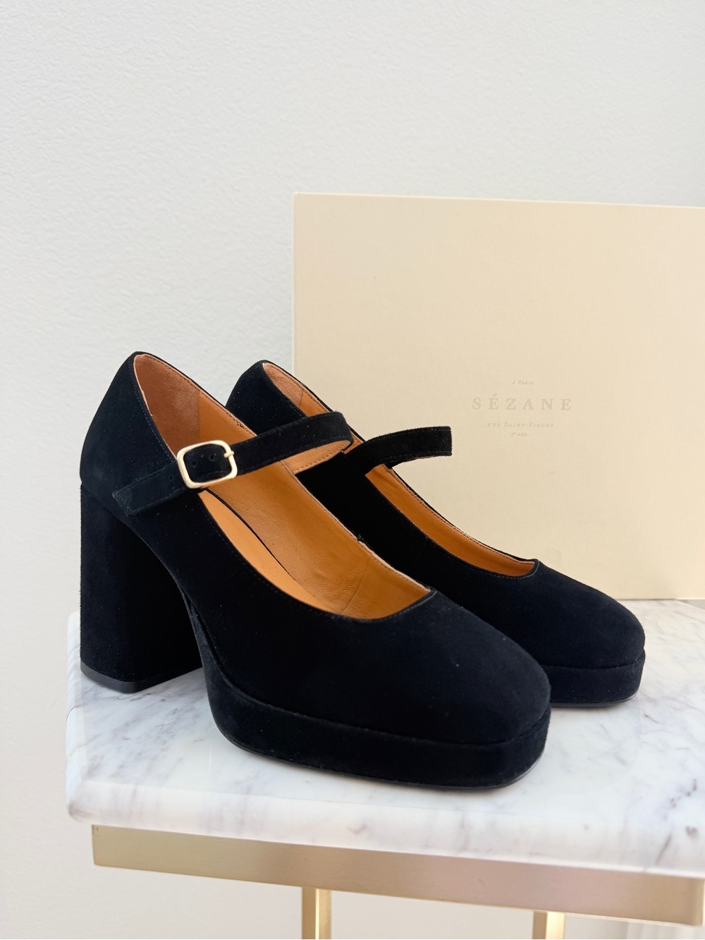🖤 SEZANE Georgia High Mary Jane Block Heels Platform Pumps Black Suede 37 6.5